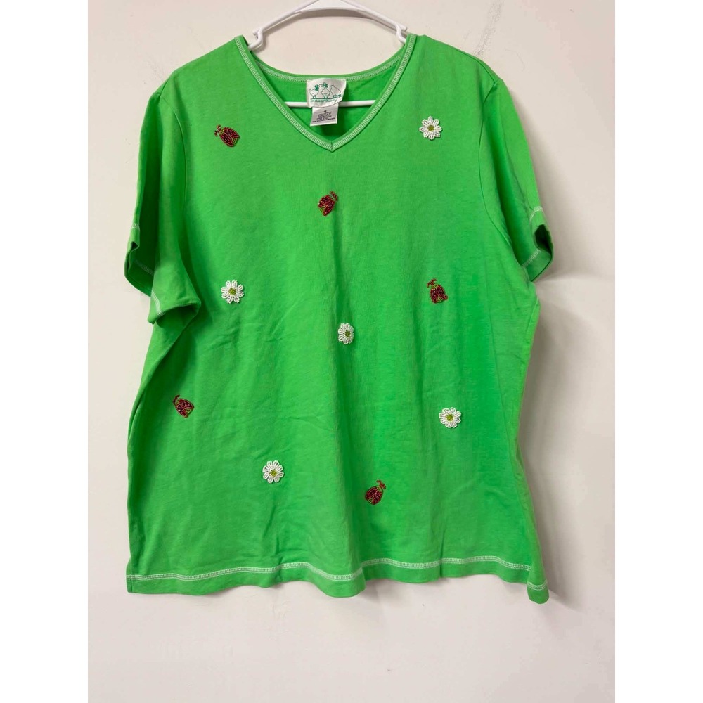 Quacker‎ Factory Green Beaded Daisy Ladybug V-Neck Top Plus Size 1X Cotton Shirt